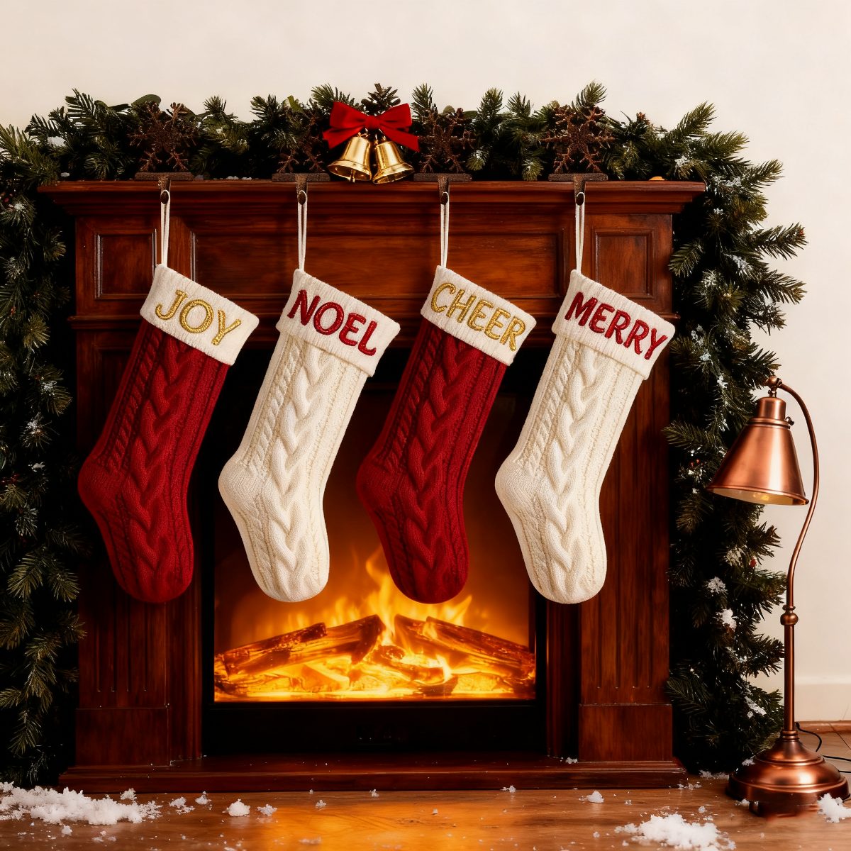 Personalized Christmas stockings hanging by a fireplace