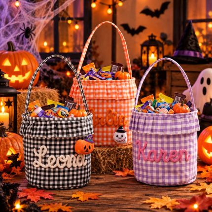 Personalized Gingham Trick-or-Treat Basket – Chenille Name