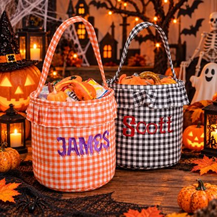 Personalized Gingham Trick-or-Treat Basket – Embroidered Name