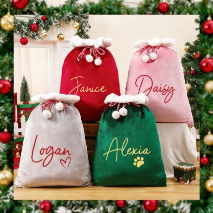 Personalized Velvet Santa Sack with Pom-Poms